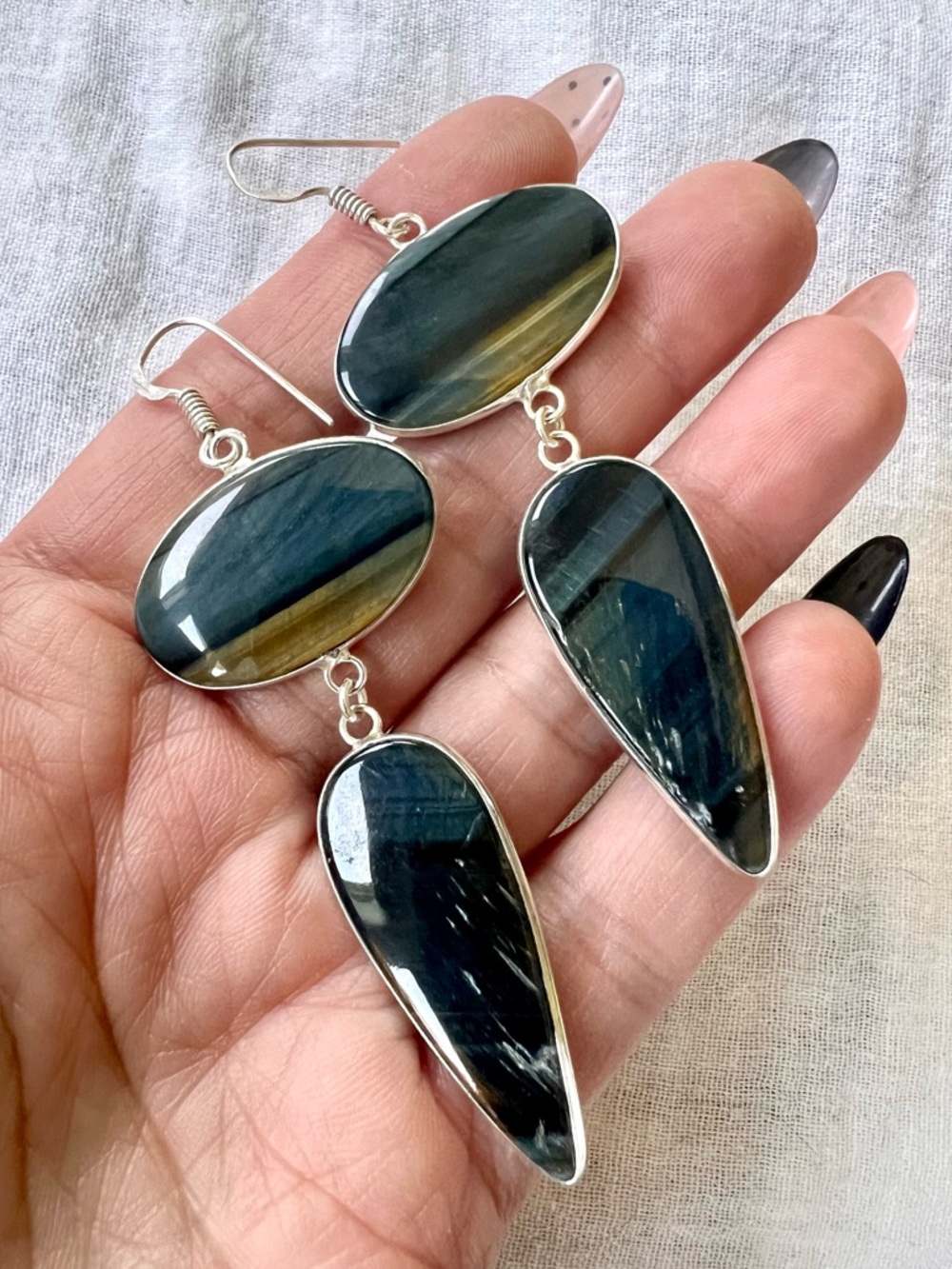 925 LONG GORGEOUS Blue Black Brown Tigers Eye Earrings